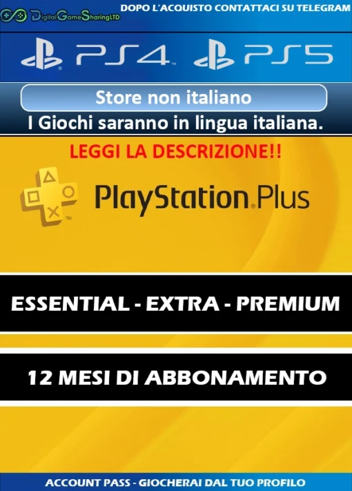 [STORE ESTERO]Abbonamento PlayStation Plus Essential - Extra - Premium 9/11 Mesi Account PS4-PS5 [NO CODICE]